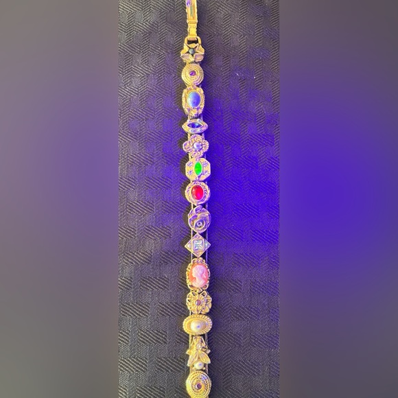 SOLD! Victorian Revival Gold Tone Slide Charm Bracelet with Uranium Glass - Picture 2 of 8